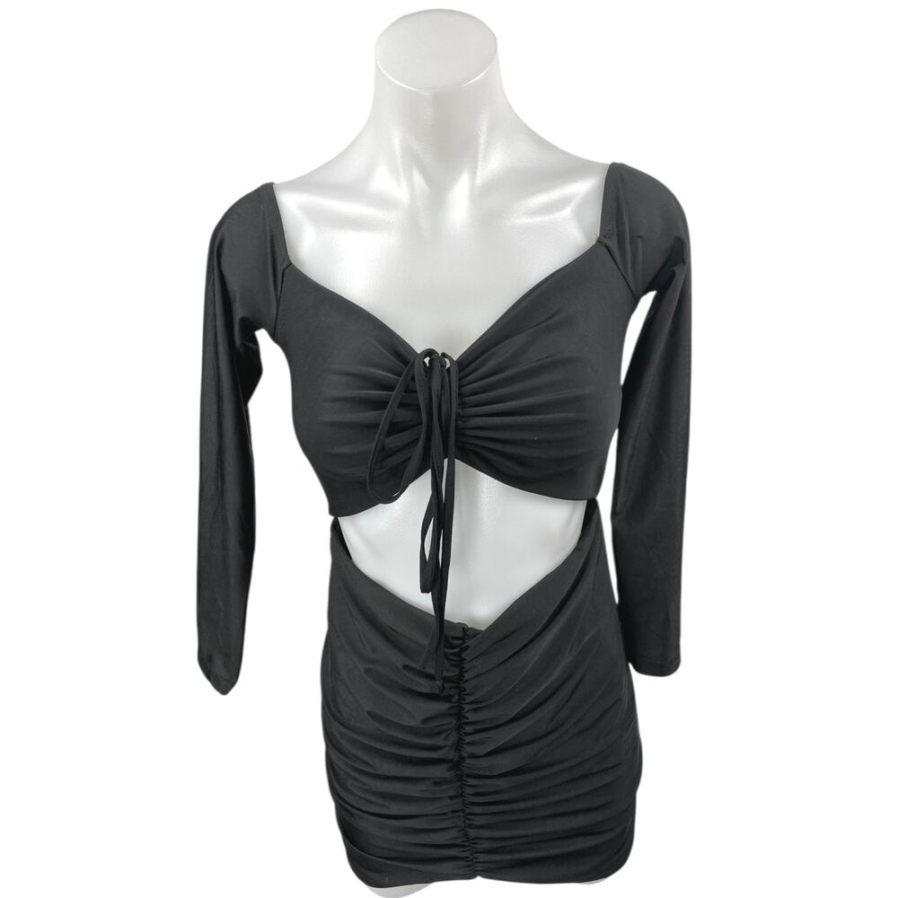 Adika Black Cut-Out Long Sleeve Ruched Tie Sweetheart Neck Mini Bodycon Dress M